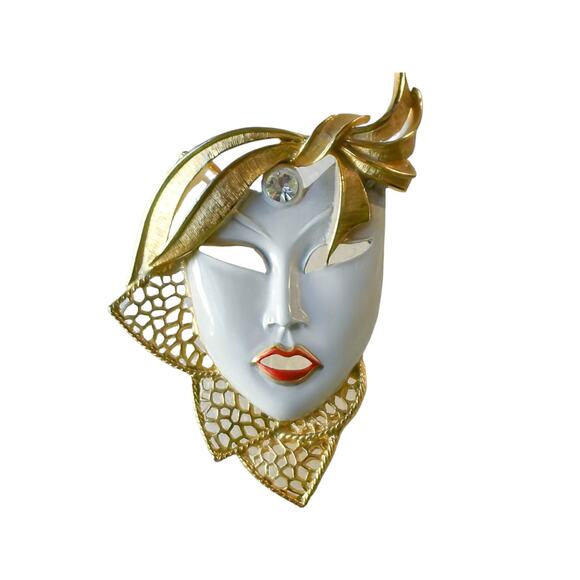 80s Art Deco Style Gold Plate White Red Enamel Rhinestone Lady Face Mask Brooch - Picture 3 of 3